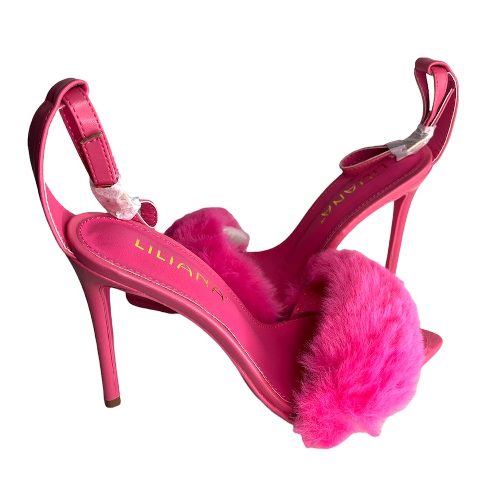 5.5. Hot pink furry sandals ankle strap heel